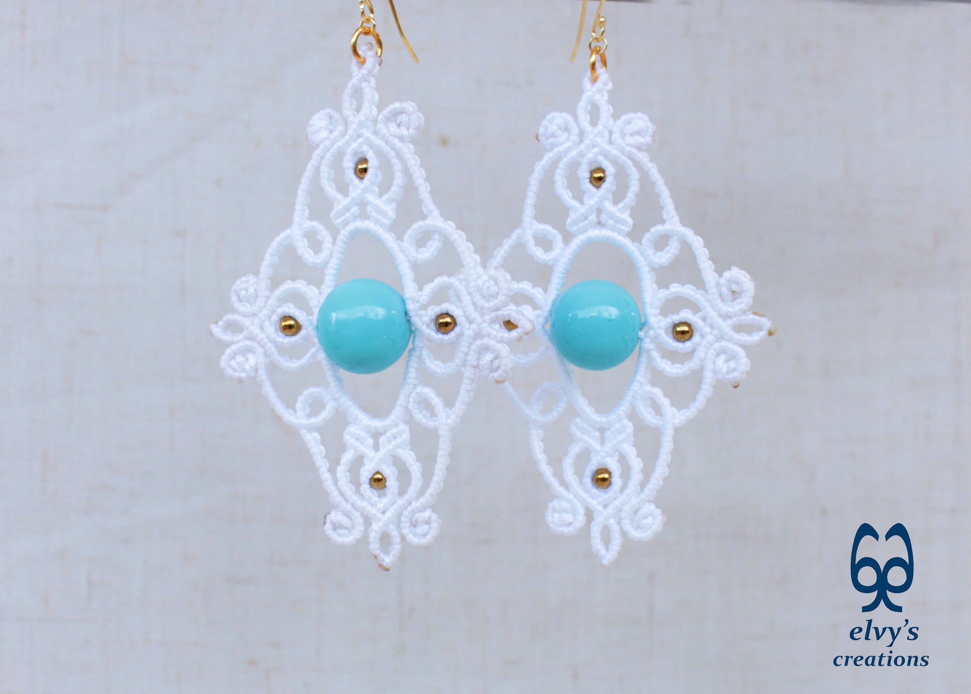 White Macrame Earrings with Turquoise Gemstones Dangle Gold Hematite Earrings