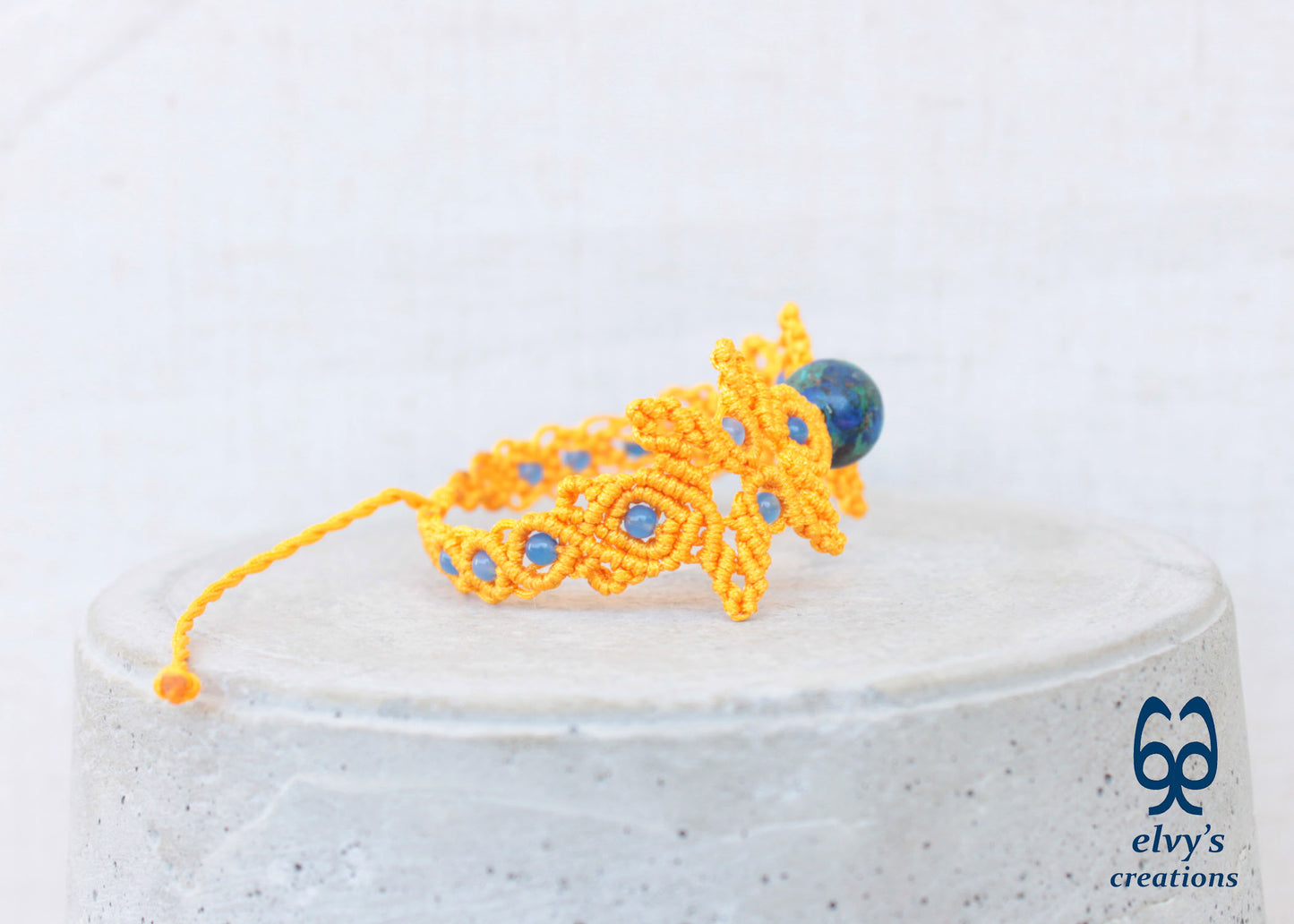 Handmade Yellow Macrame Bracelet with Azurite Adjustable Boho Cuff 