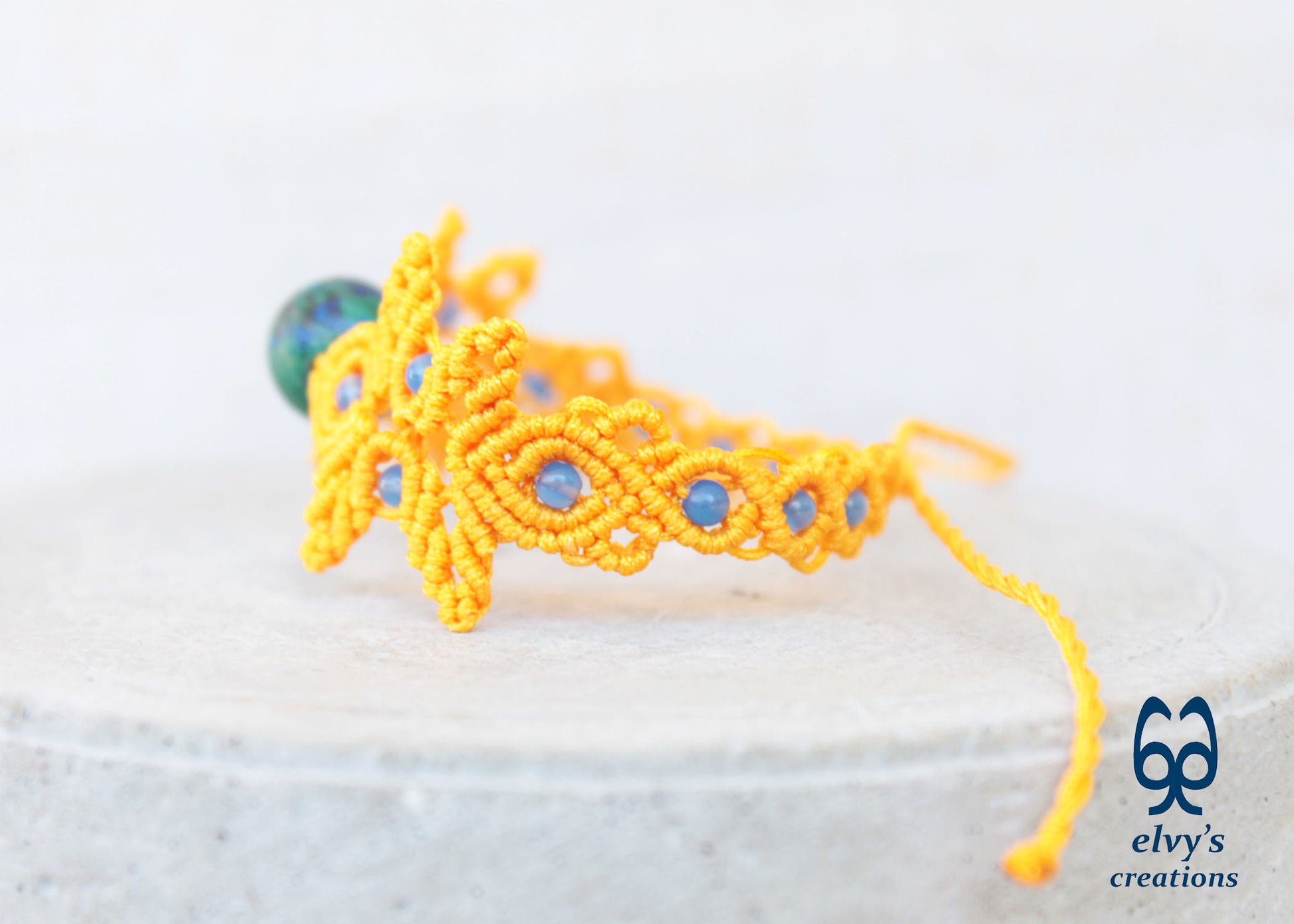 Handmade Yellow Macrame Bracelet with Azurite Adjustable Boho Cuff 