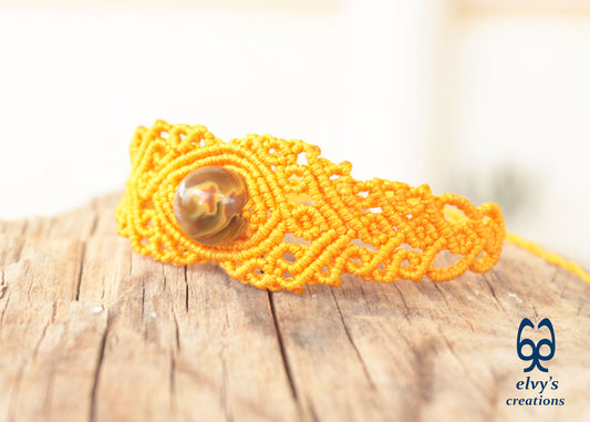 Yellow Macrame Bracelet with Crystal Quartz Gemstone, Handmade Unique Birthday Gift for Women