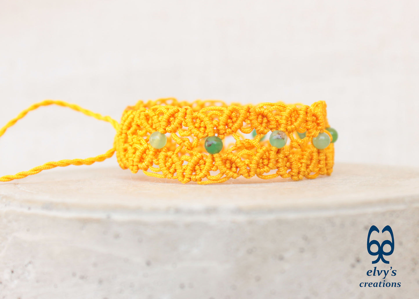 Yellow Macrame Bracelet with Chrysoprase Gemstones, Handmade Boho Bracelet with Green Gemstones