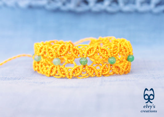 Yellow Macrame Bracelet with Chrysoprase Gemstones, Handmade Boho Bracelet with Green Gemstones