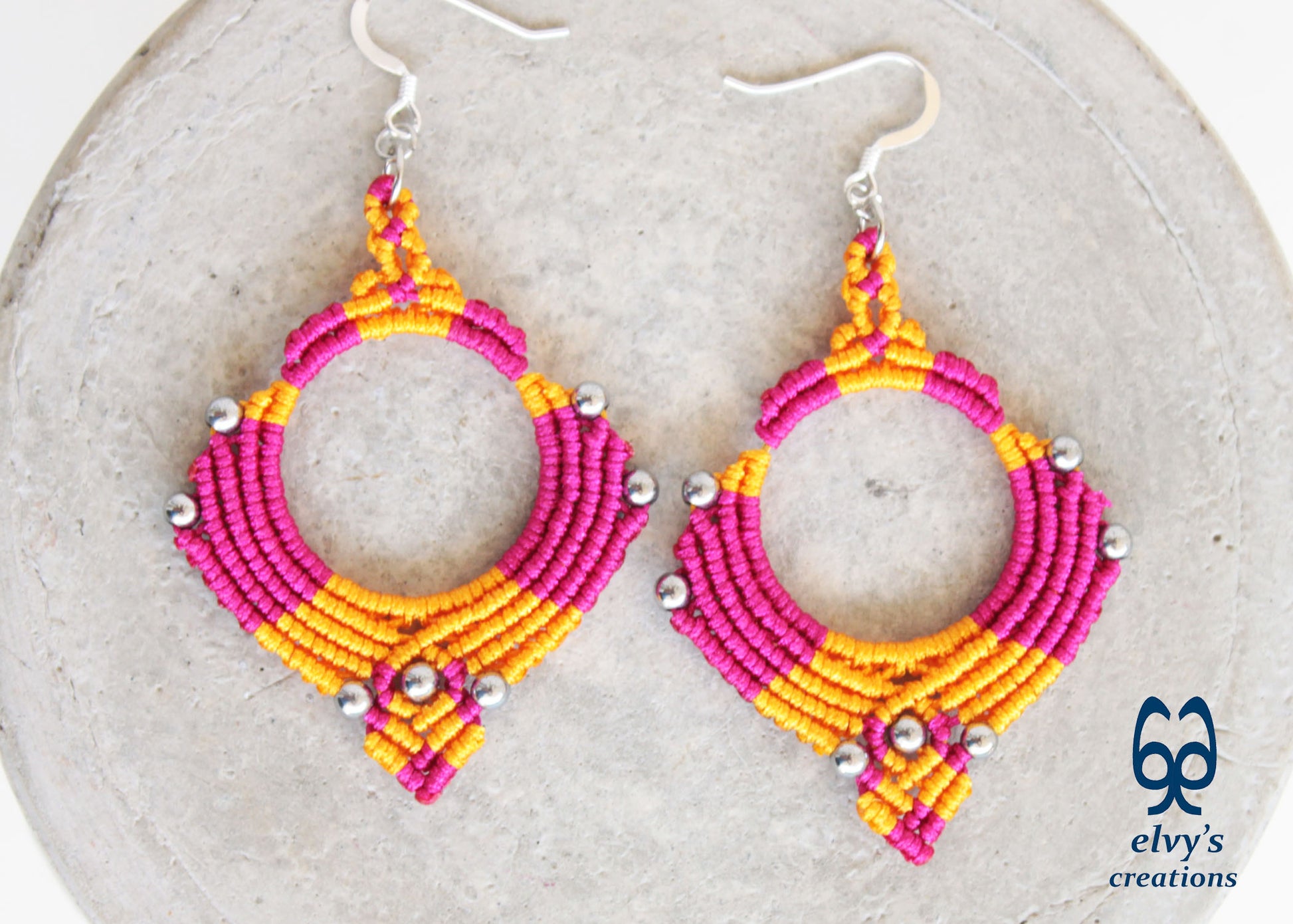 Pink Yellow Macrame Earrings Silver Hematite Gemstones Hoop Earrings