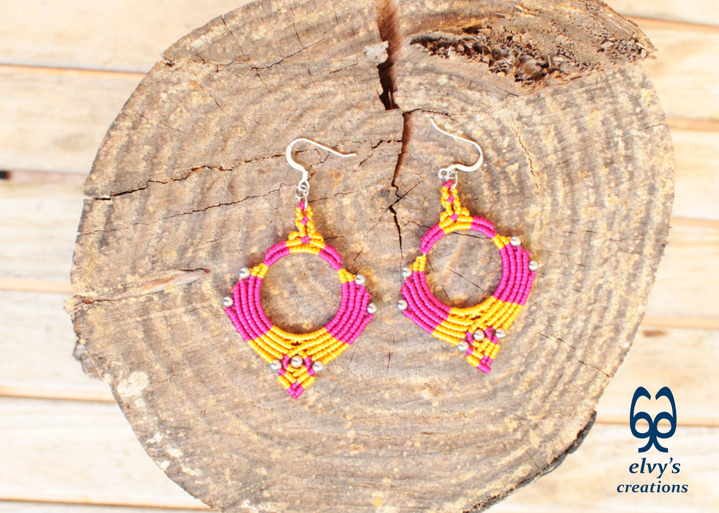 Pink Yellow Macrame Earrings Silver Hematite Gemstones Hoop Earrings