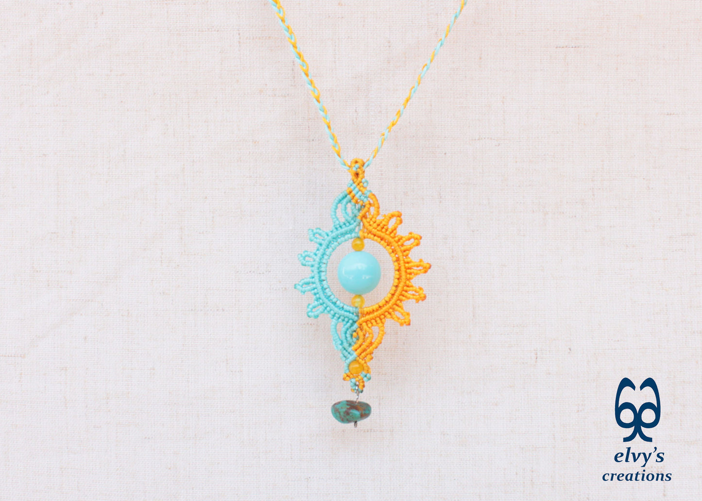 Yellow Macrame Necklace with Turquoise Gemstones Yellow Sun Dangle Agate Pendant