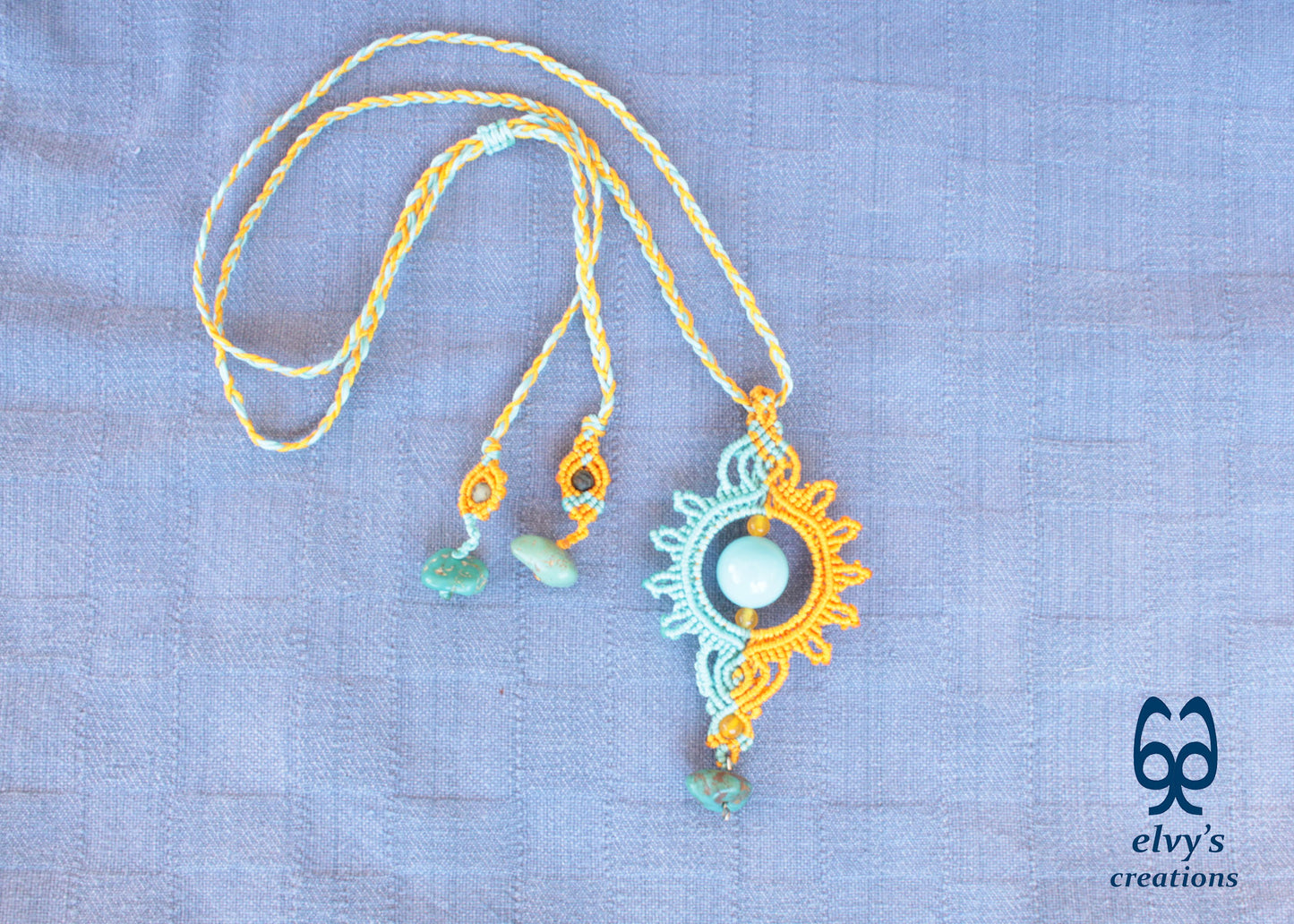 Yellow Macrame Necklace with Turquoise Gemstones Yellow Sun Dangle Agate Pendant