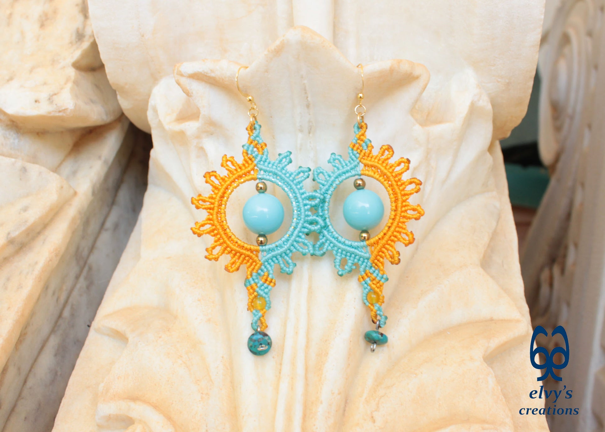 Yellow Macrame Earrings with Turquoise Gemstones Yellow Sun Dangle Agate Earrings