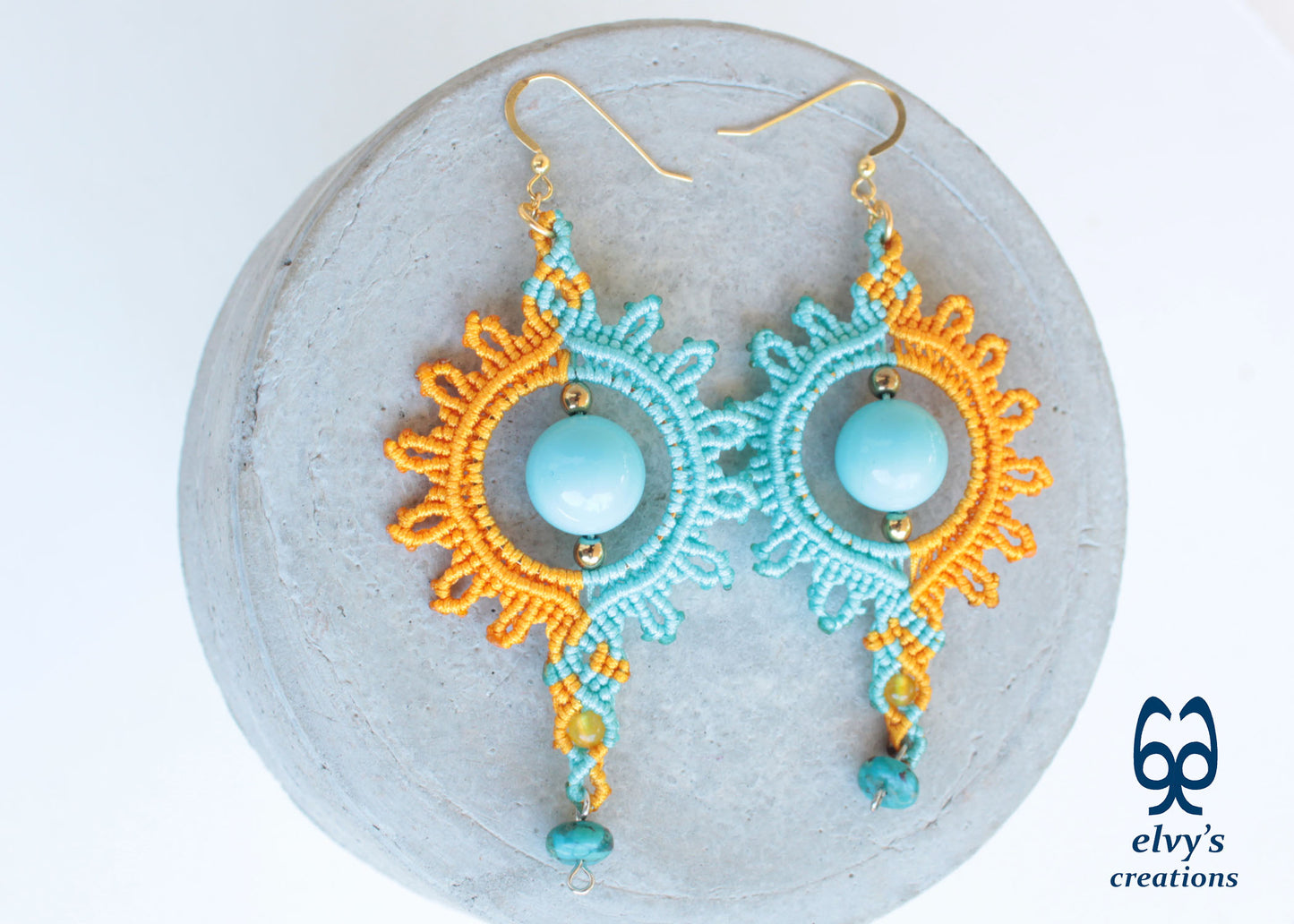 Yellow Macrame Earrings with Turquoise Gemstones Yellow Sun Dangle Agate Earrings