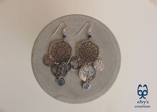 Handmade Silver Macrame Earrings with Long Dangle Lapis Lazuli Gemstones