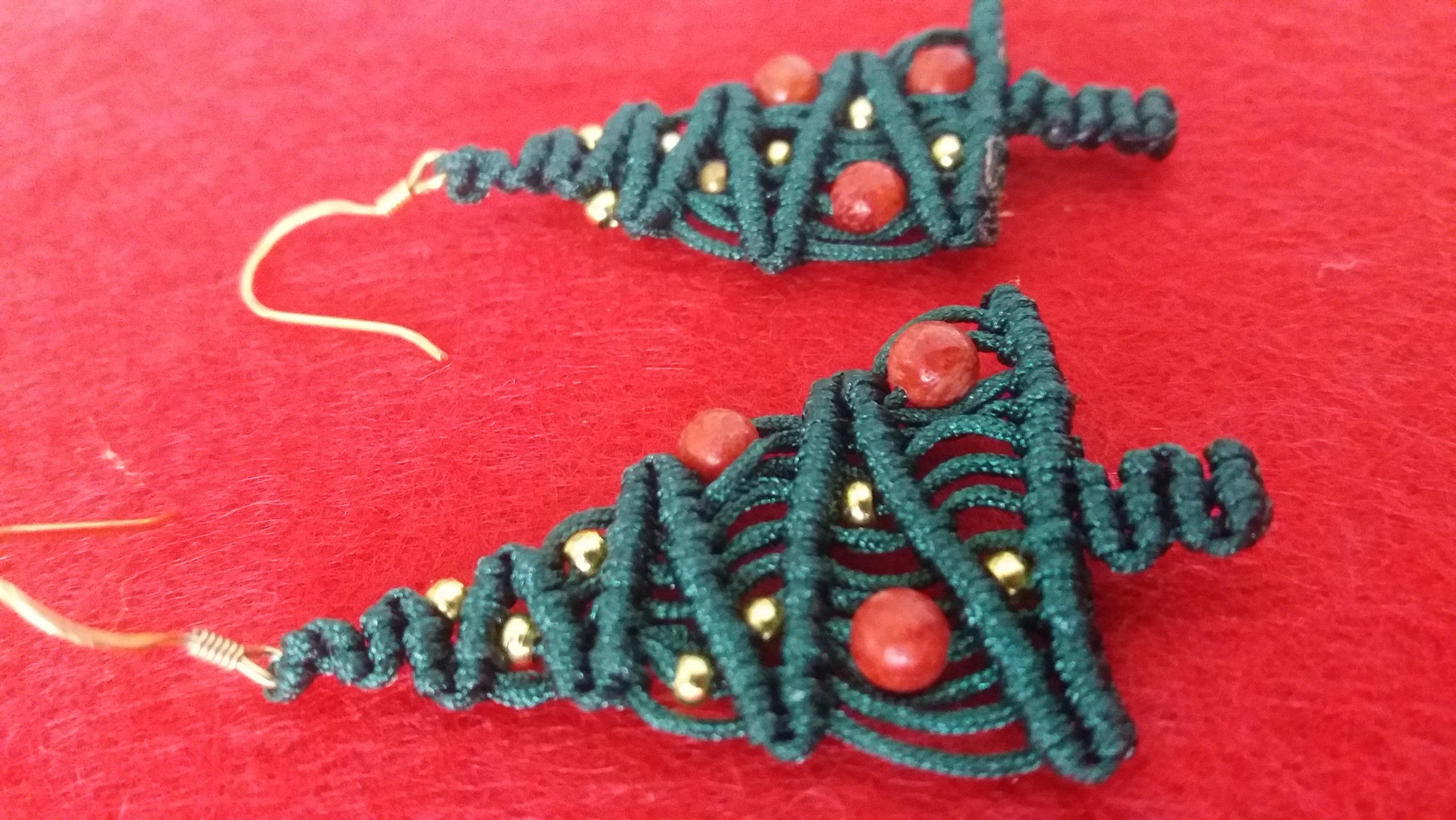 Macrame Christmas Tree Earrings Holiday Season New Year Gift for her Green Xmas Tree with Golden Brass Beads and Red Natural Corals