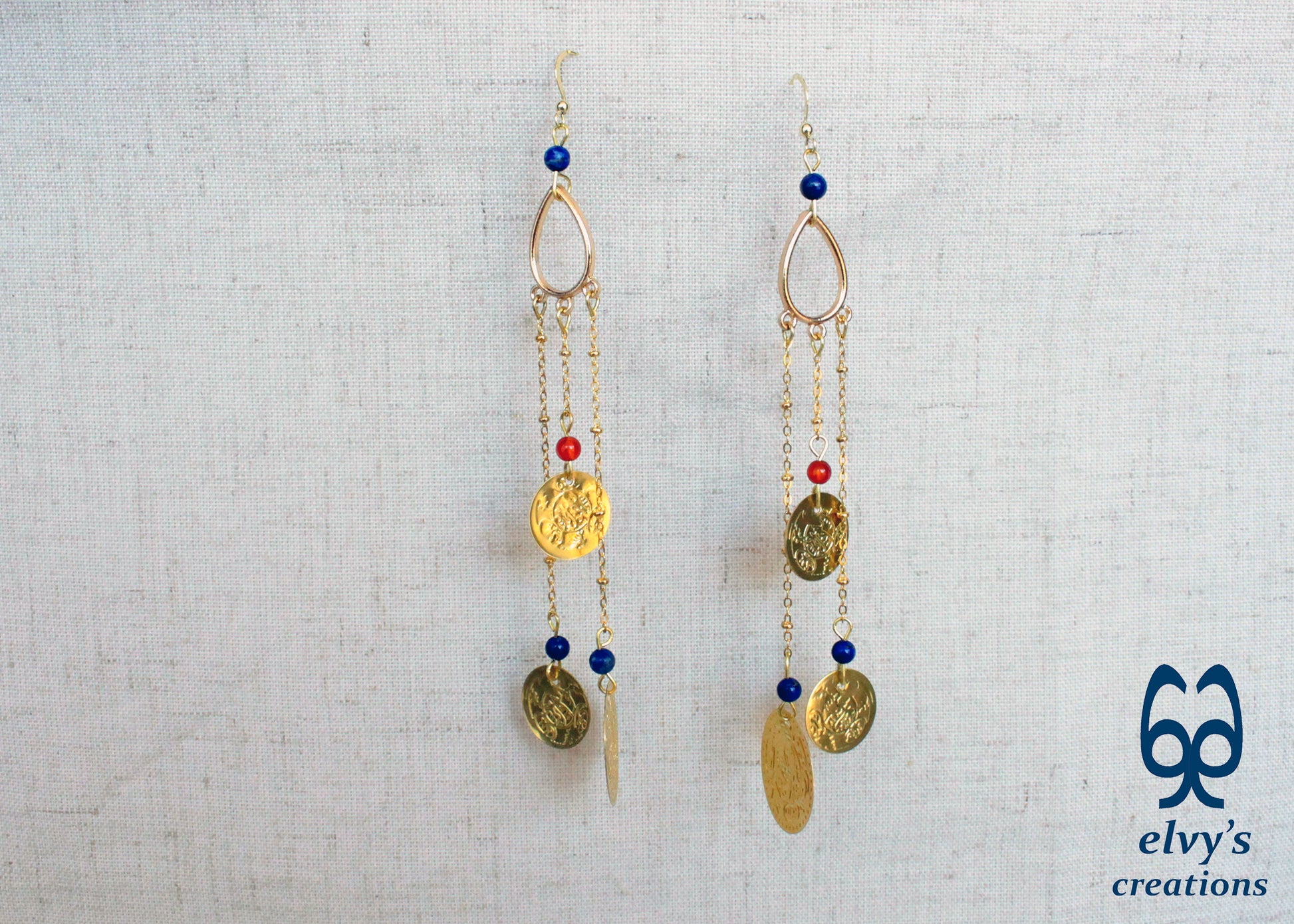 Gold Folklore Earrings, Coin Dangle Greek Traditional Jewelry, Sterling Silver Gold Plated Gypsy Jewelry, Carnelian Gemstone