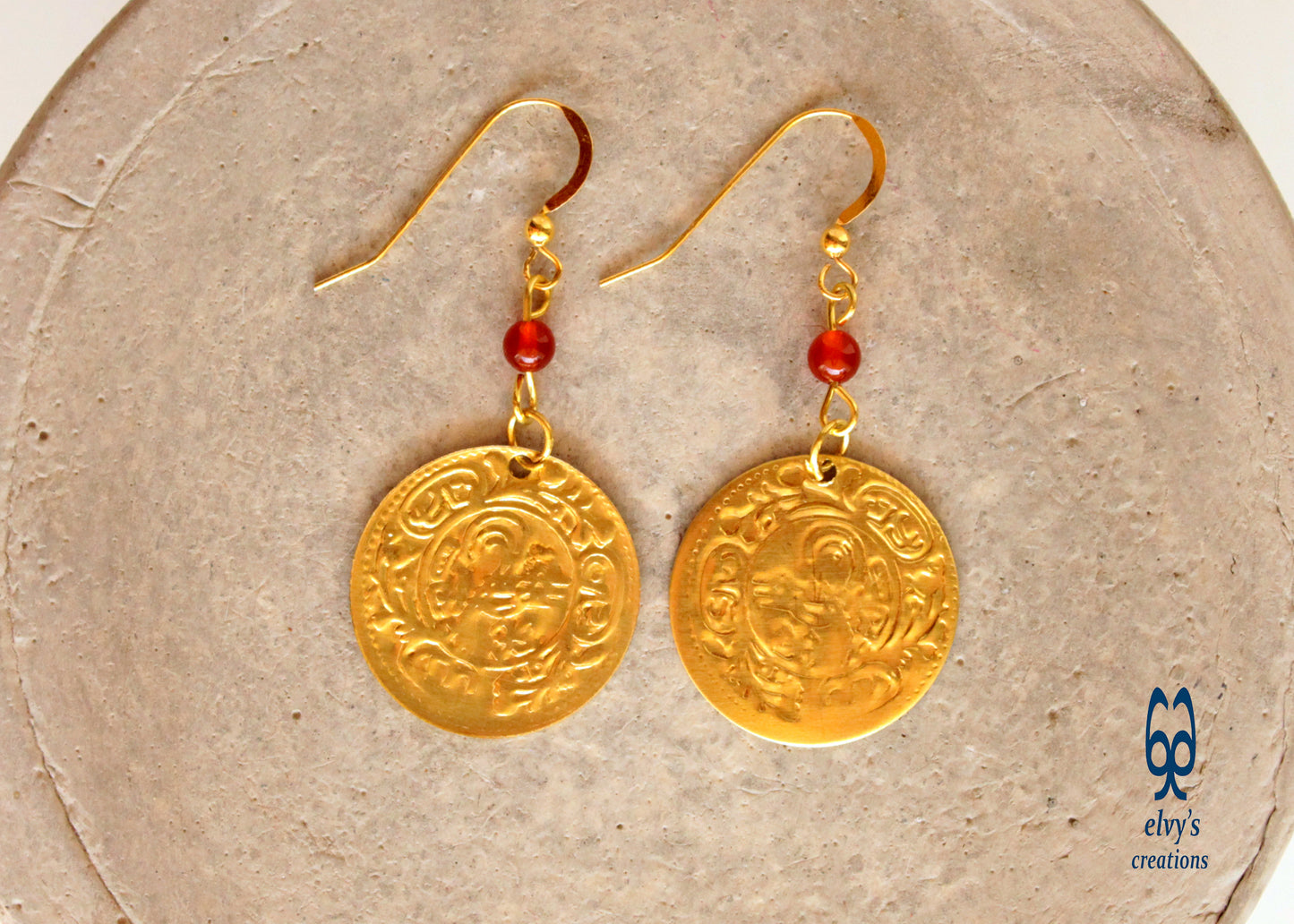 Greek Traditional Earrings Coin Dangle Drop Gold Folklore Jewelry 925 Sterling Silver Gold Plated Gypsy Jewelry Orange Carnelian Gemstone