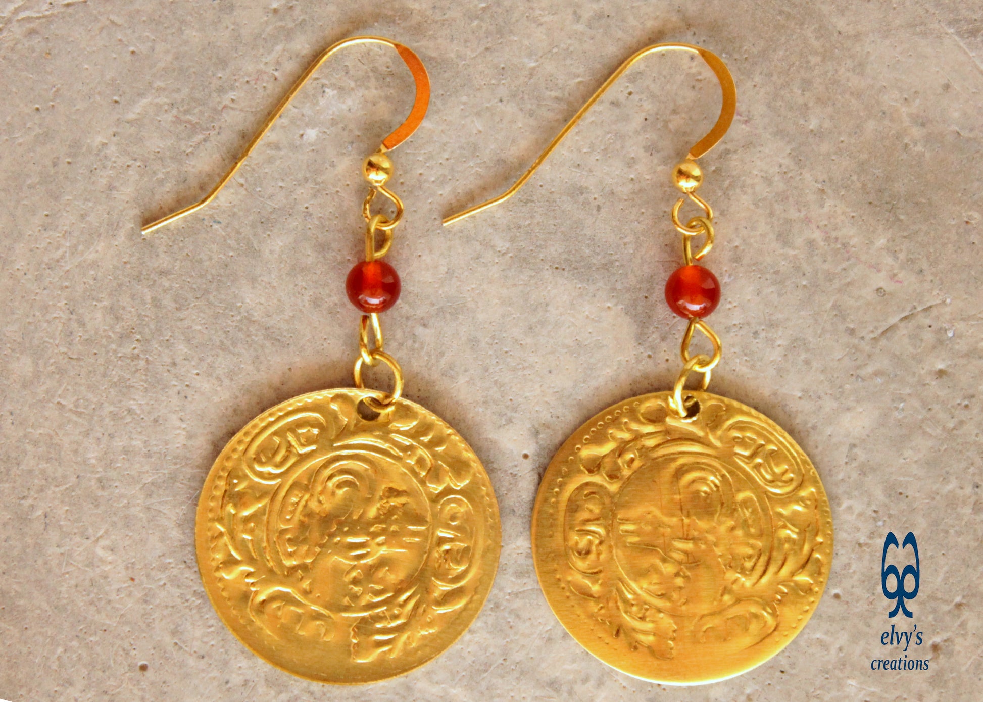 Gold Folklore Earrings, Coin Dangle Greek Traditional Jewelry, Sterling  Silver Gold Plated Gypsy Jewelry, Carnelian Gemstone – ElvysCreations