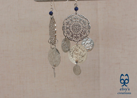 Handmade Silver Macrame Earrings with Long Dangle Lapis Lazuli  Gemstones