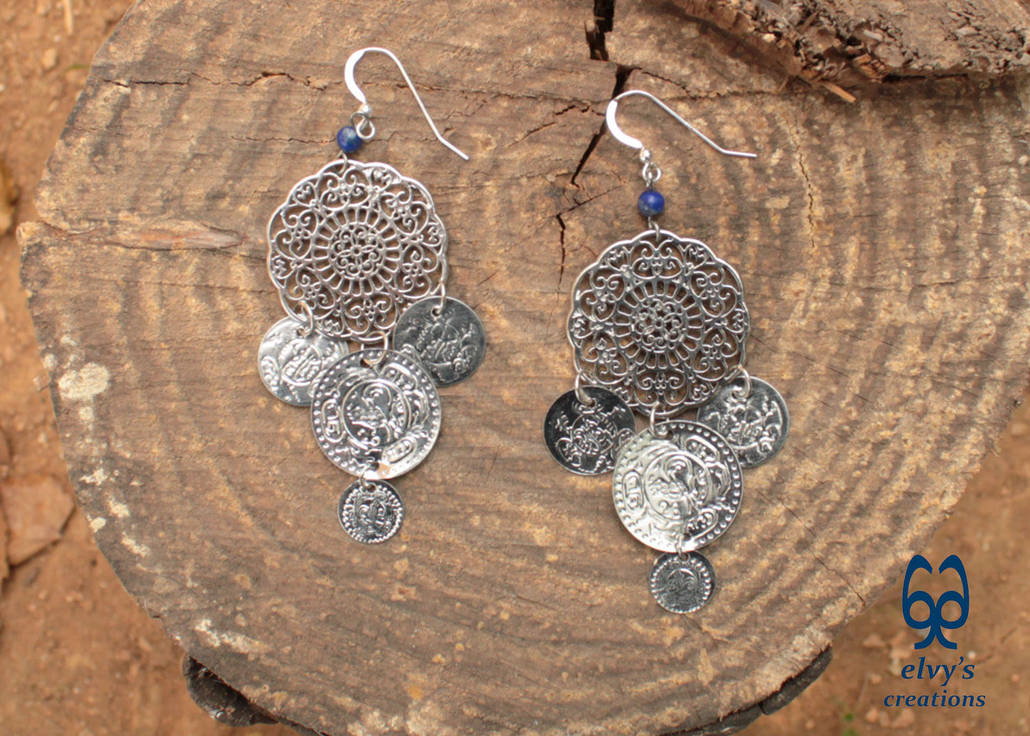 Handmade Silver Macrame Earrings with Long Dangle Lapis Lazuli  Gemstones
