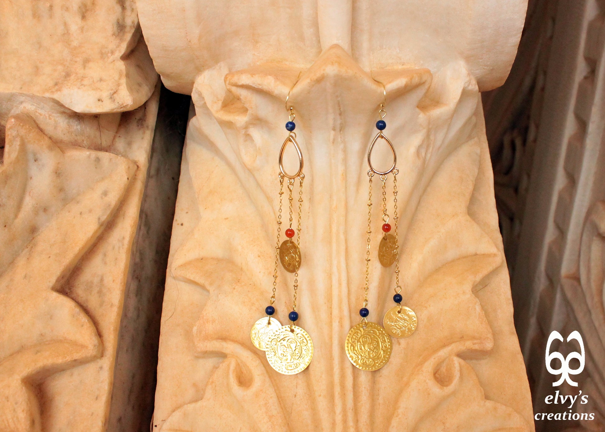 Gold Folklore Earrings, Coin Dangle Greek Traditional Jewelry, Sterling Silver Gold Plated Gypsy Jewelry, Carnelian Gemstone