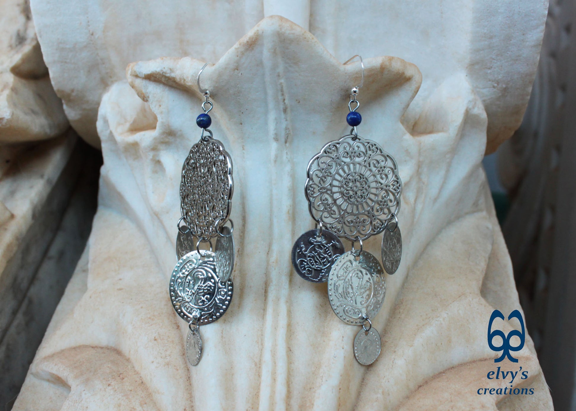 Handmade Silver Macrame Earrings with Long Dangle Lapis Lazuli  Gemstones