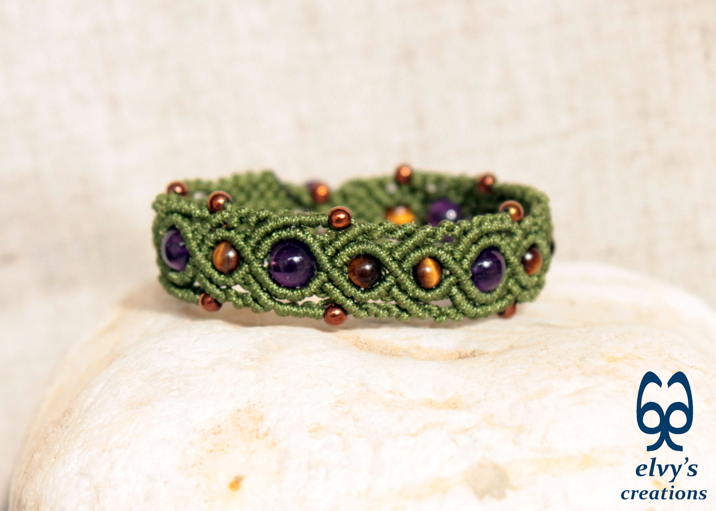 Green Macrame Bracelet with Amethyst, Hematite and Tiger Eye Bracelet for Women