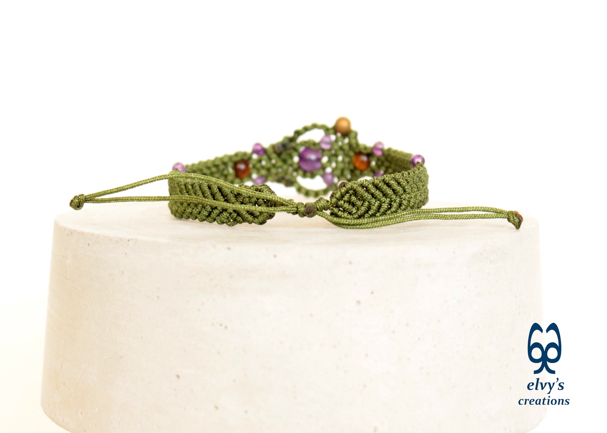 Olive Green Adjustable Macrame Beaded Cuff Bracelet with purple Amethyst, Tiger Eye and Gold Hematite - ElvysCreations