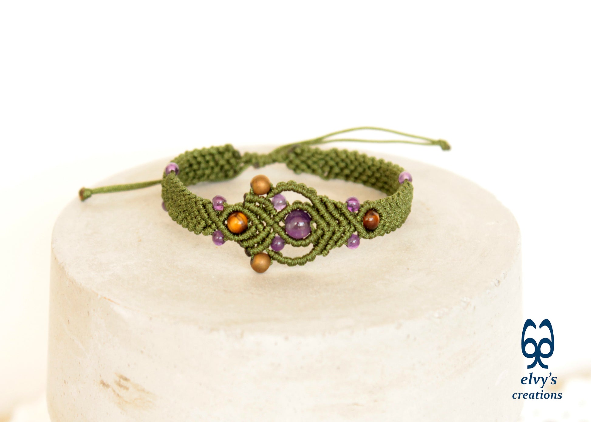 Olive Green Adjustable Macrame Beaded Cuff Bracelet with purple Amethyst, Tiger Eye and Gold Hematite - ElvysCreations