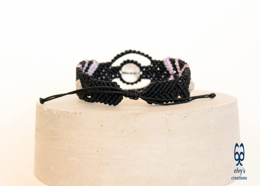 Black Macrame Bracelet with Crystal Quartz and Black Onyx Healer Gems Gift for her