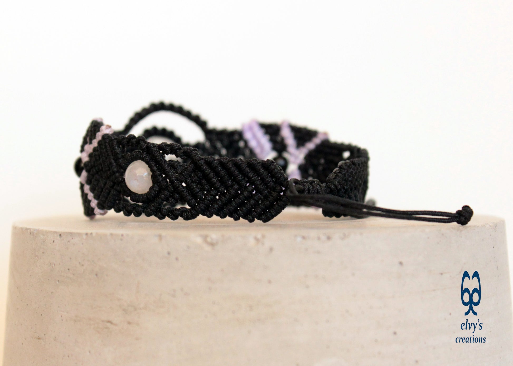 Black Macrame Bracelet with Crystal Quartz and Black Onyx Healer Gems Gift for her