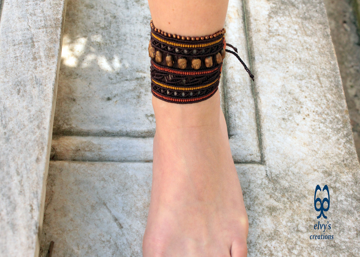 Brown Macrame Cuff Bracelet with Bronze Hematite Beads and Buddha Head Shaped Beads