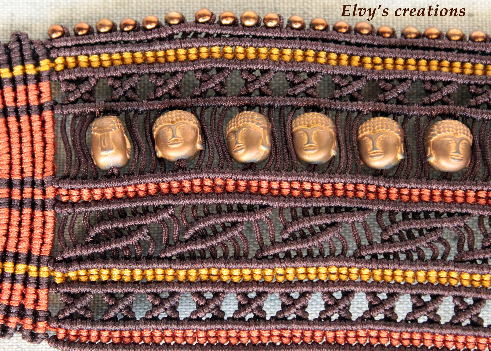 Brown Macrame Cuff Bracelet with Bronze Hematite Beads and Buddha Head Shaped Beads