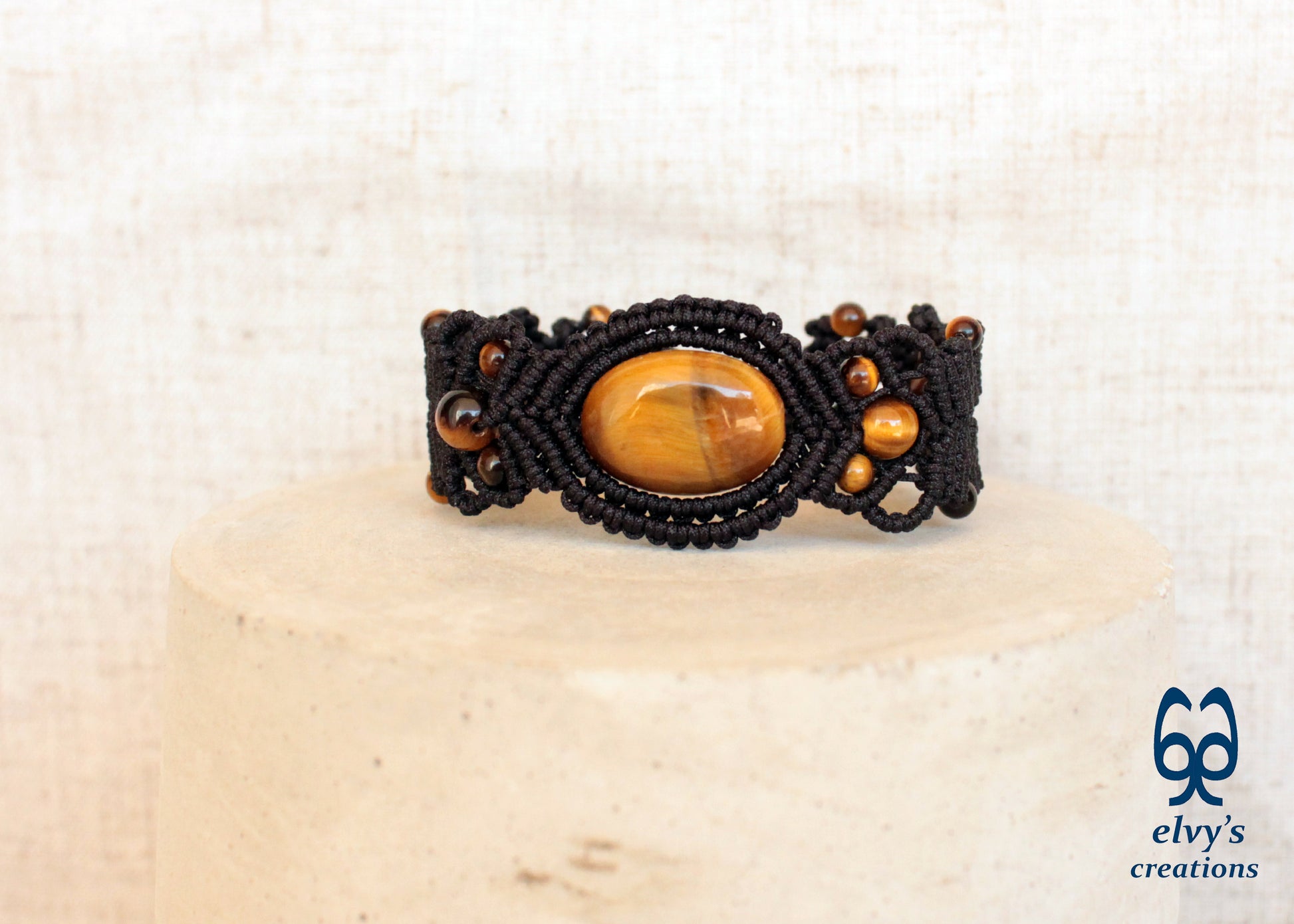 Unique Macrame Cuff Bracelet Tiger Eye Women Brown Handmade Jewelry 