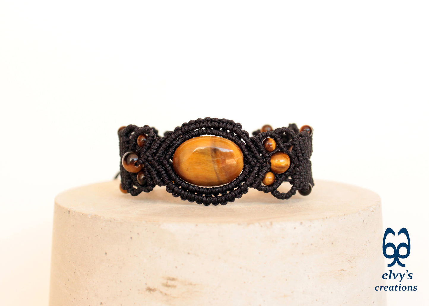 Unique Macrame Cuff Bracelet Tiger Eye Women Brown Handmade Jewelry 