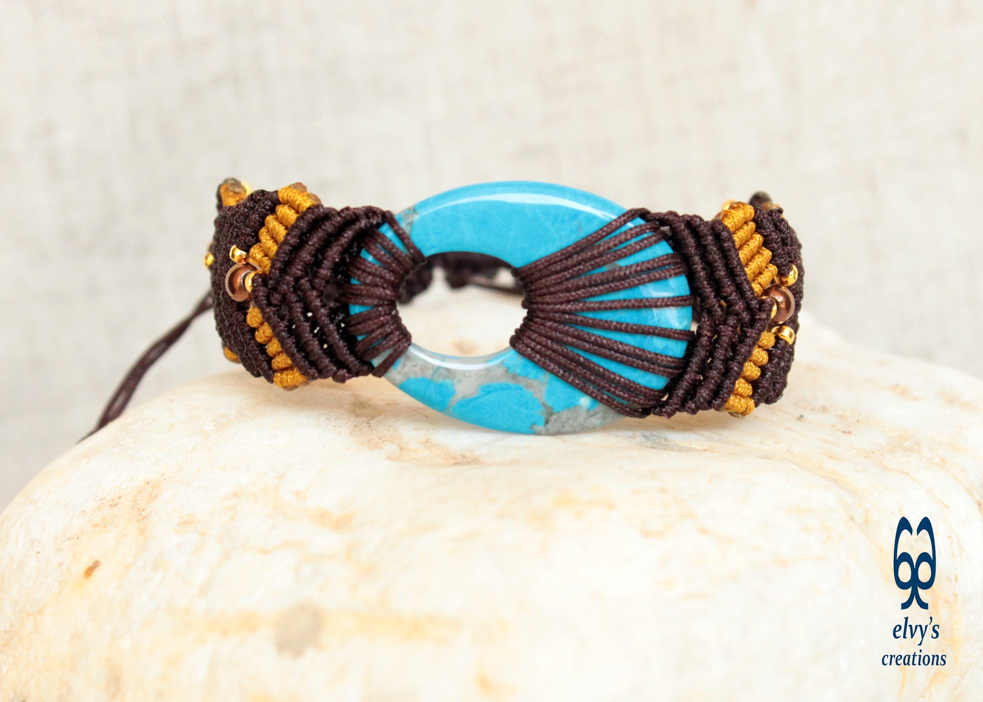 Macrame Bracelet, Turquoise Gemstone Beaded Cuff, Unique Birthday Gift for Women