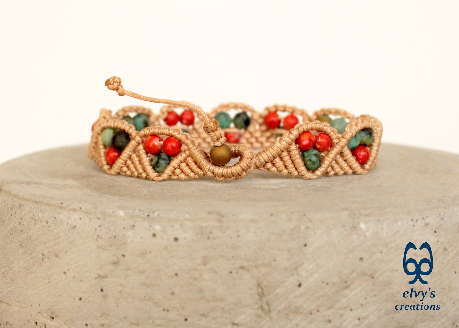 Macrame Beige Boho Beaded Bracelet for Women Natural Turquoise and Red Coral