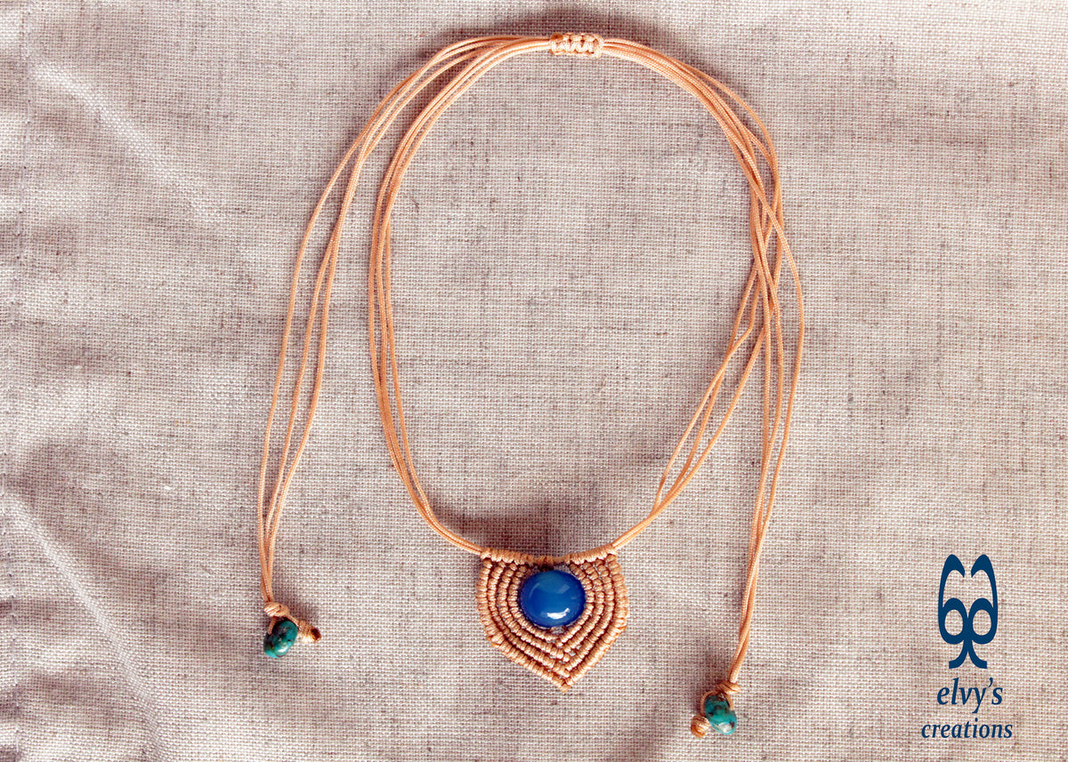 Unisex Handmade Beige Blue Jade and Turquoise Handmade Macrame Beaded Heart Necklace Charm