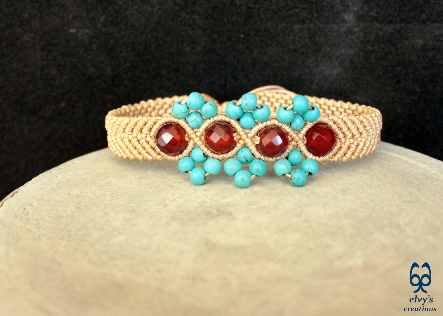 Turquoise Macrame Bracelet, Gemstone Beaded Cuff, Unique Birthday Gift for Women