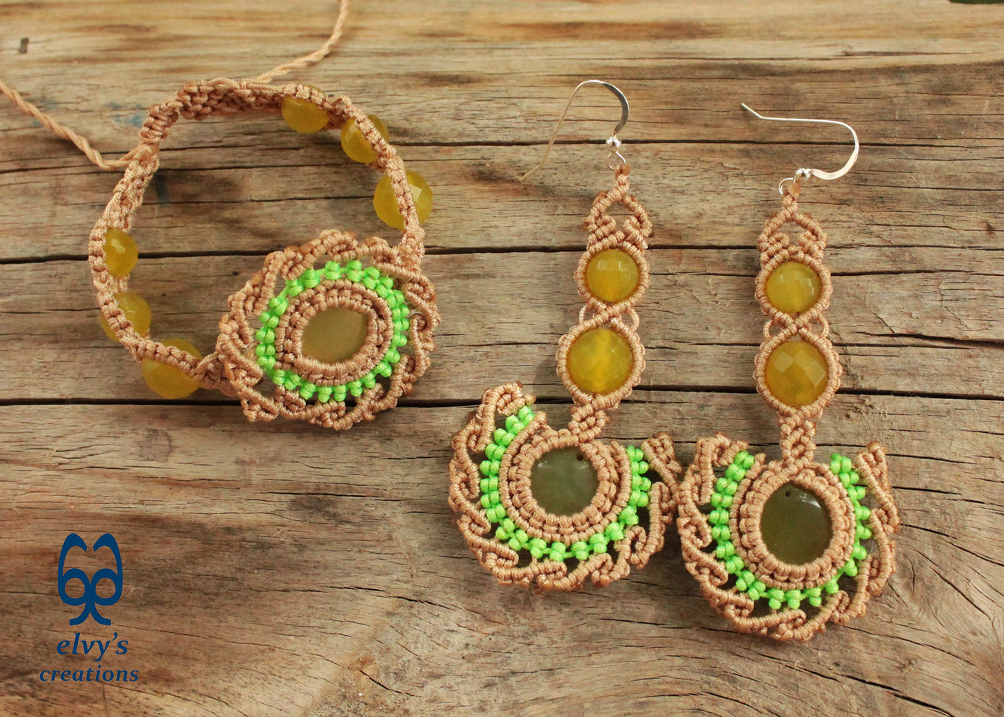 Beige Handmade Macrame Earrings with Green Jade Gemstones