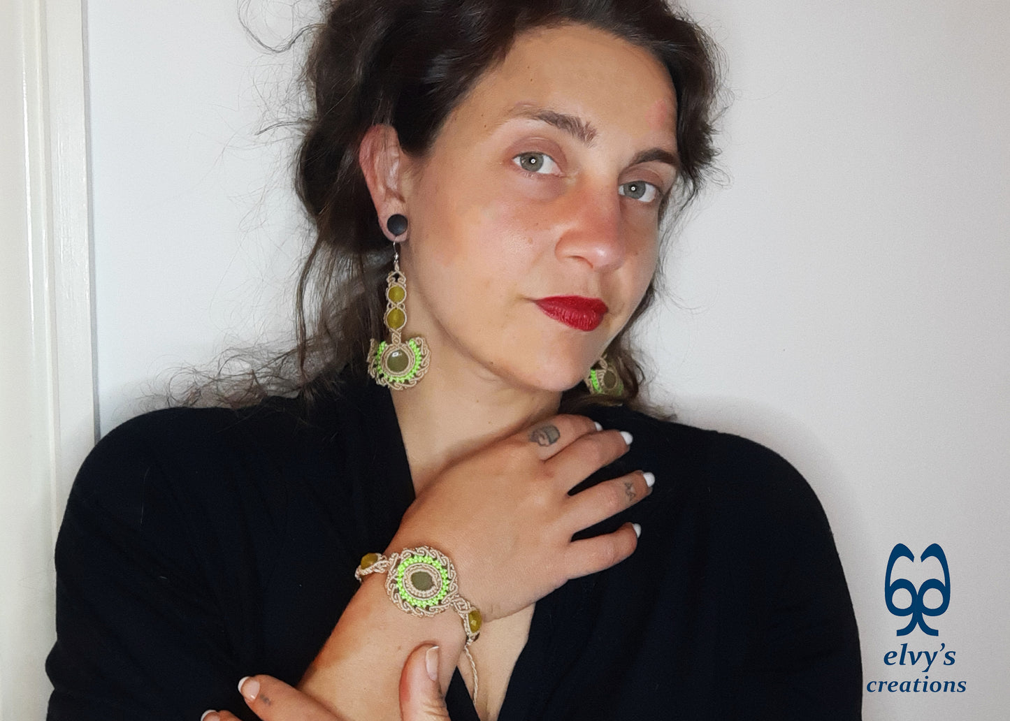 Beige Handmade Macrame Earrings with Green Jade Gemstones