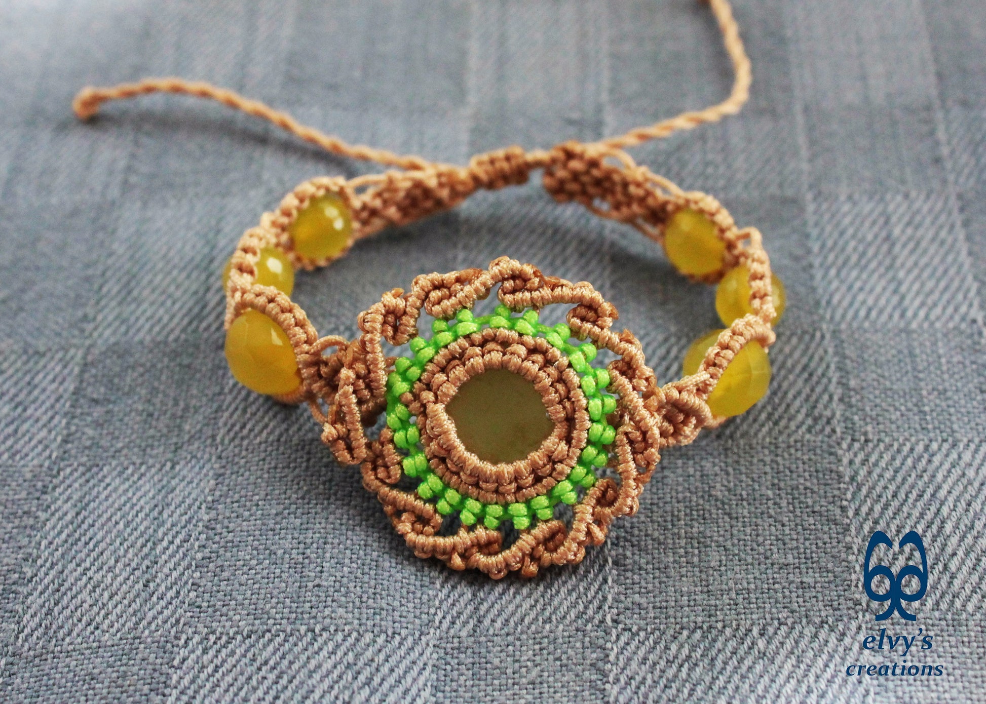 Beige Handmade Macrame Bracelet with Lime Green Jade Gemstones