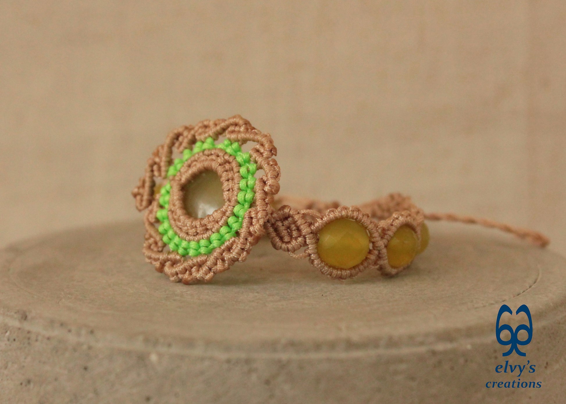 Beige Handmade Macrame Bracelet with Lime Green Jade Gemstones