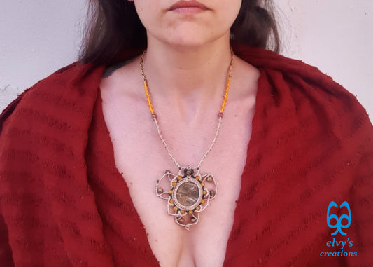 Beige Macrame Necklace with Jade Gemstones Yellow Agate Mandala Necklace