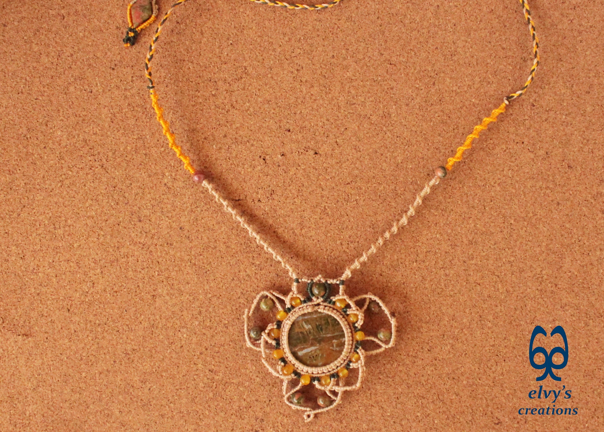 Beige Macrame Necklace with Jade Gemstones Yellow Agate Mandala Necklace