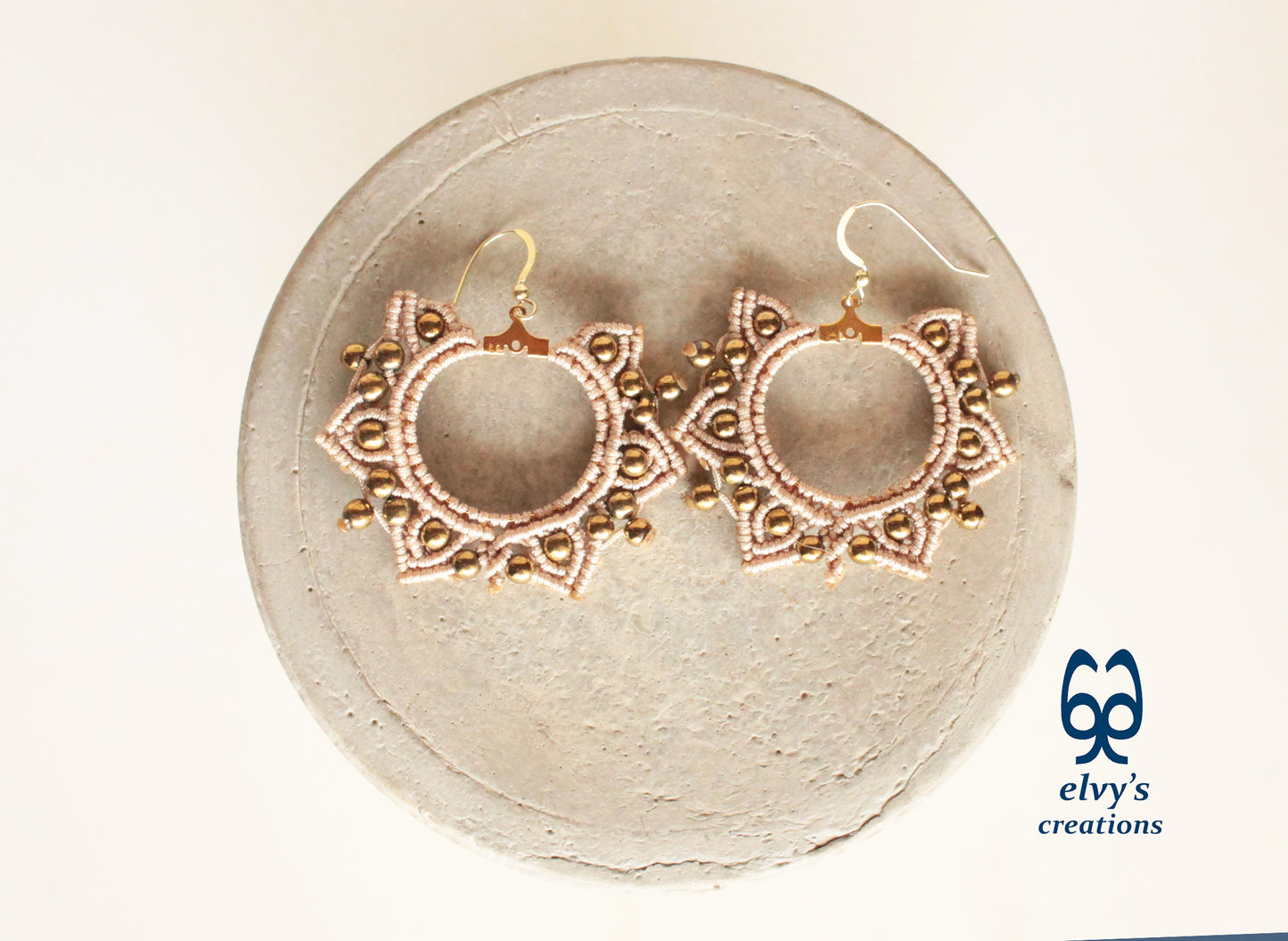 Gold Macrame Earrings, Hematite Dangle Gemstone Beads Earrings, Birthday Gift for Women