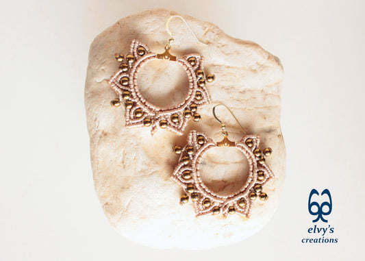 Gold Macrame Earrings, Hematite Dangle Gemstone Beads Earrings, Birthday Gift for Women