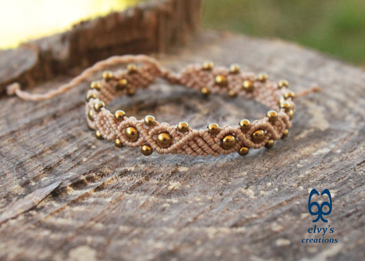 Beige Macrame Adjustable Bracelet with Gold  Hematite Gemstone Beads