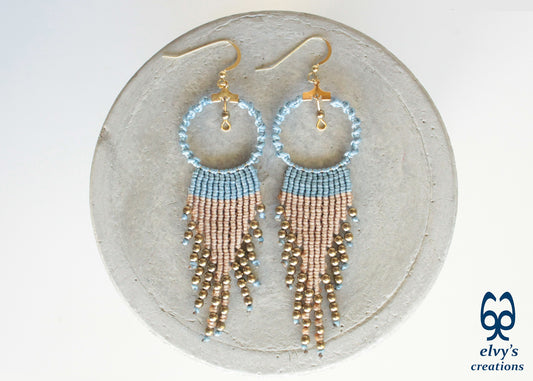 Blue and Beige Macrame Hoop Earrings with Gold Hematite Gemstones Sterling Silver Earrings Gold Earrings