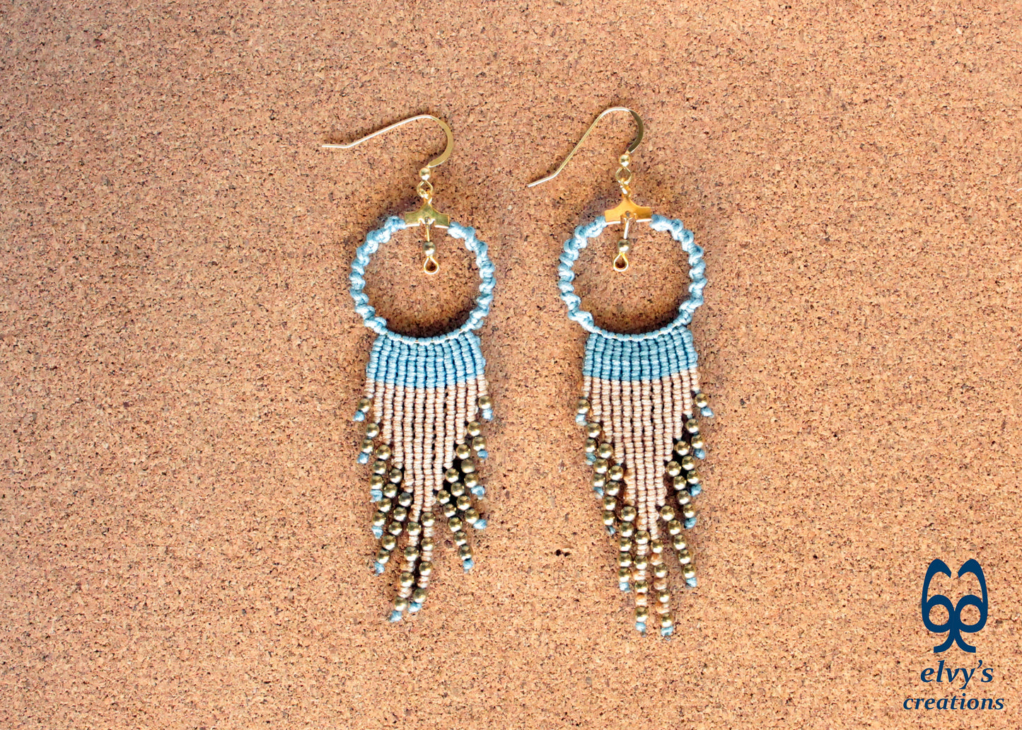 Blue and Beige Macrame Hoop Earrings with Gold Hematite Gemstones Sterling Silver Earrings Gold Earrings