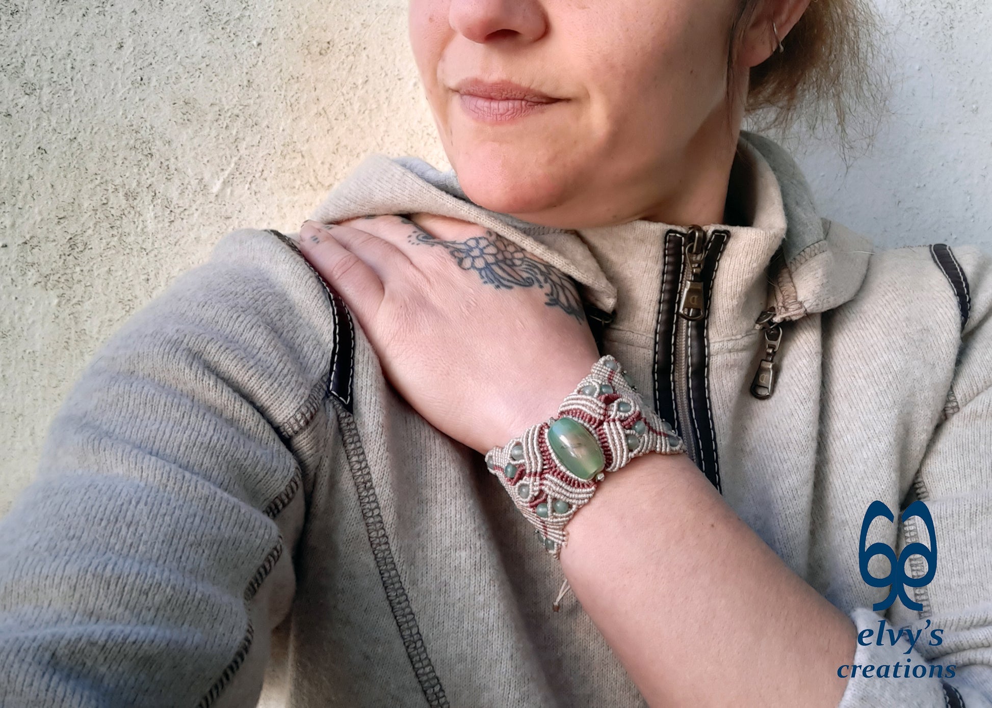 Handmade Macrame Bracelet, Aventurine Gemstone Beaded Cuff, Unique Birthday Gift for Women