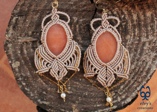Beige Macrame Earrings with Rose Quartz and Pearls Lace Silver Earrings