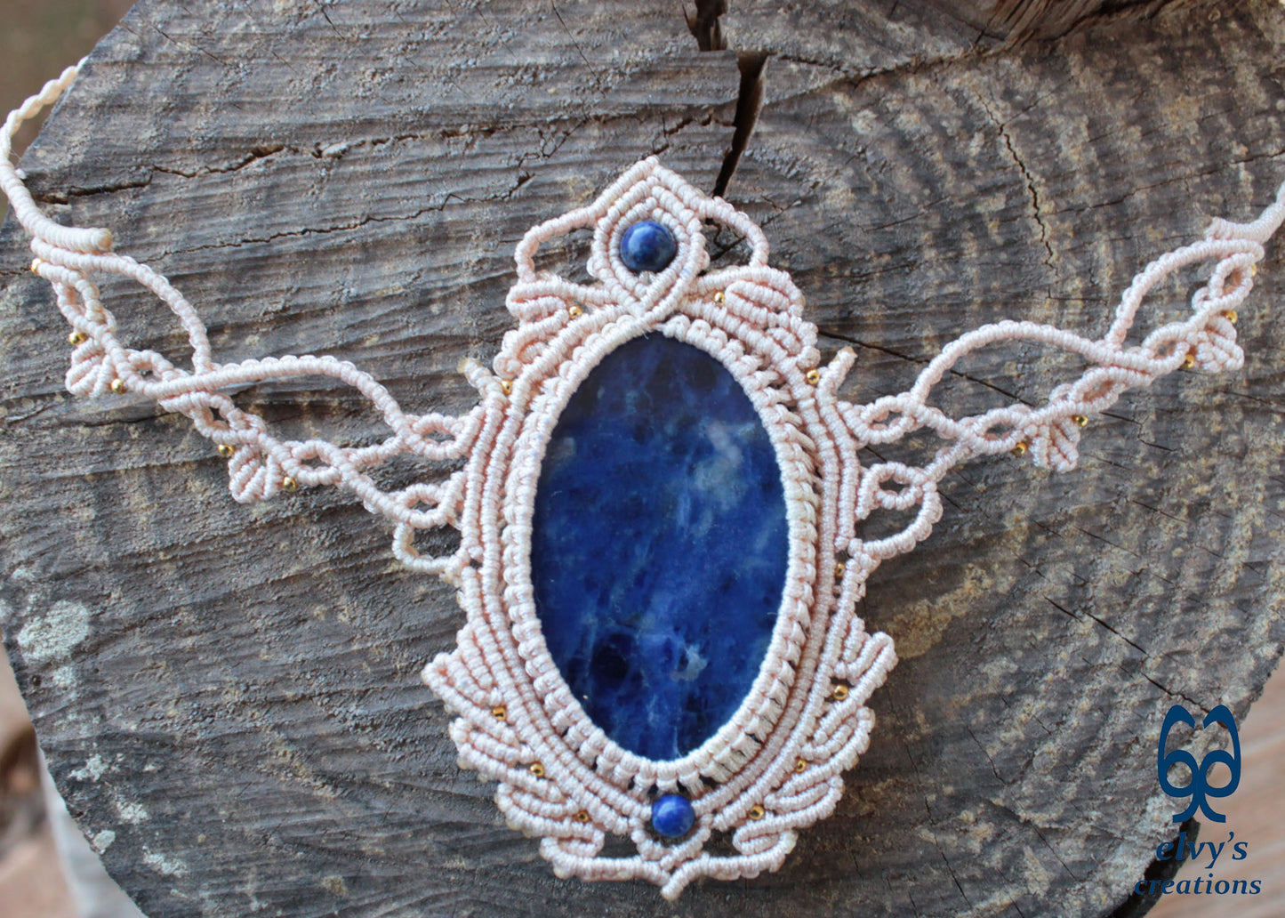 Handmade Blue Macrame Necklace with Crystal Lapis Lazuli Gemstones Sodalite Necklace Pendant