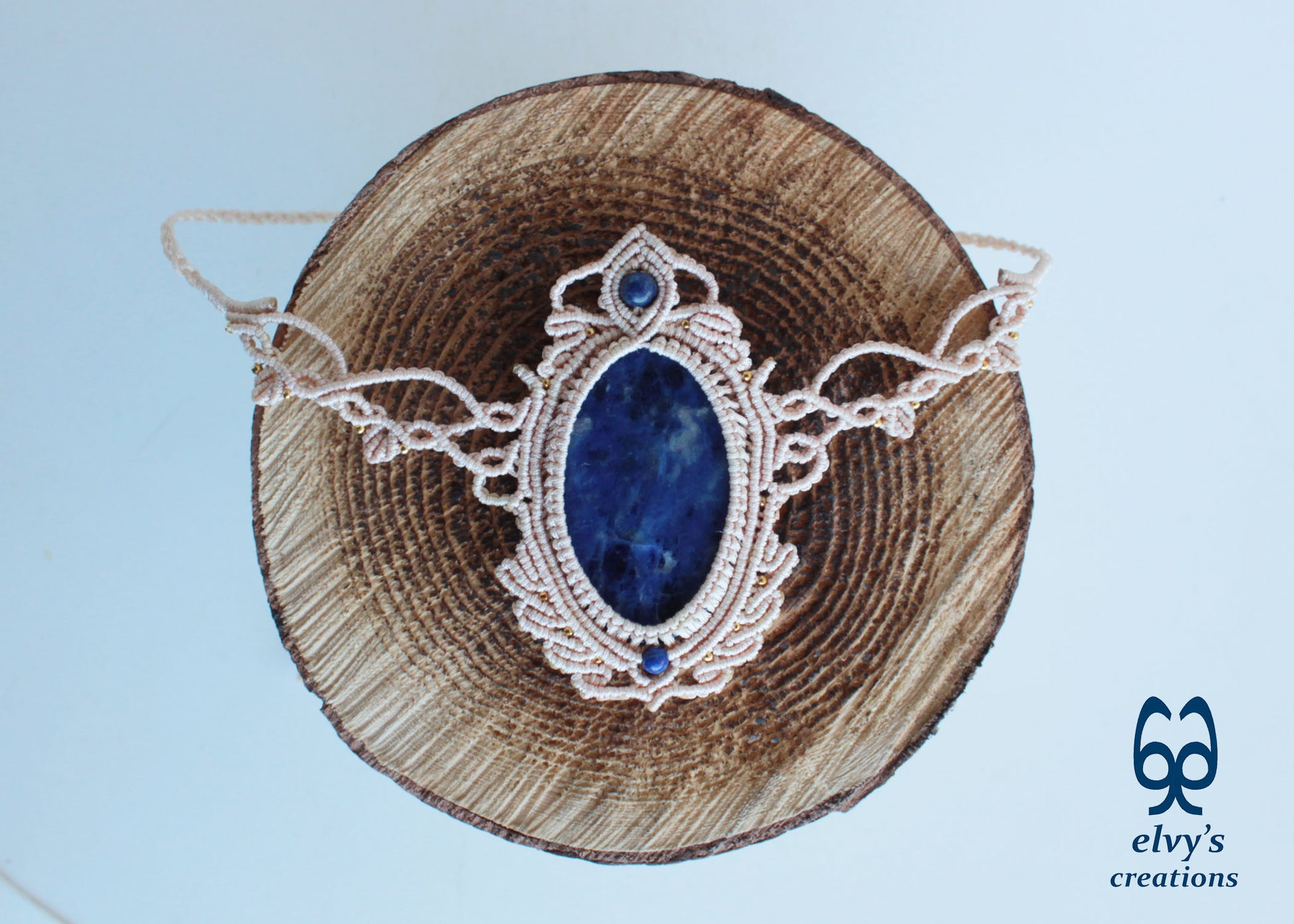 Handmade Blue Macrame Necklace with Crystal Lapis Lazuli Gemstones Sodalite Necklace Pendant