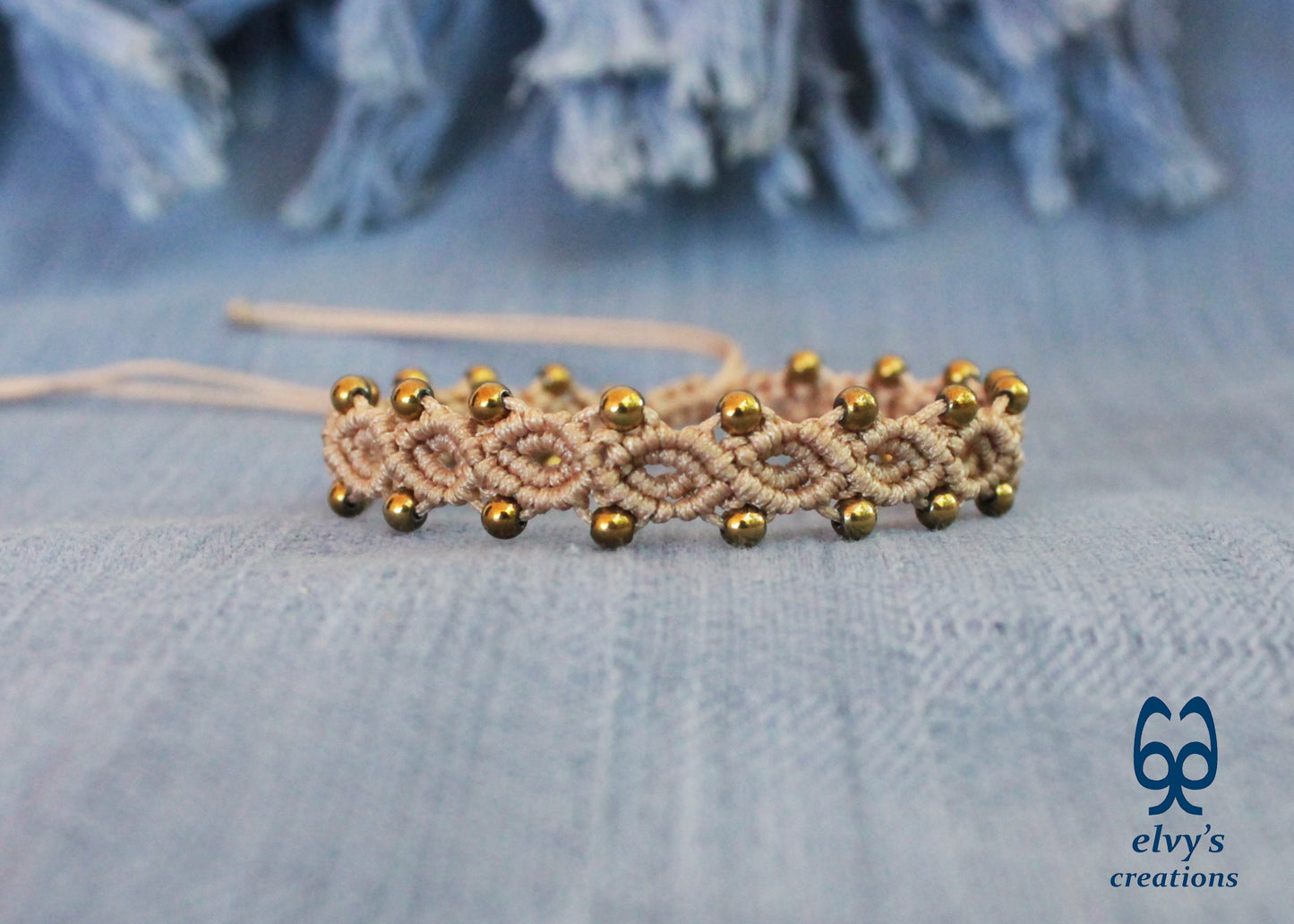 Beige Macrame Adjustable Bracelet with Gold  Hematite Gemstone Beads
